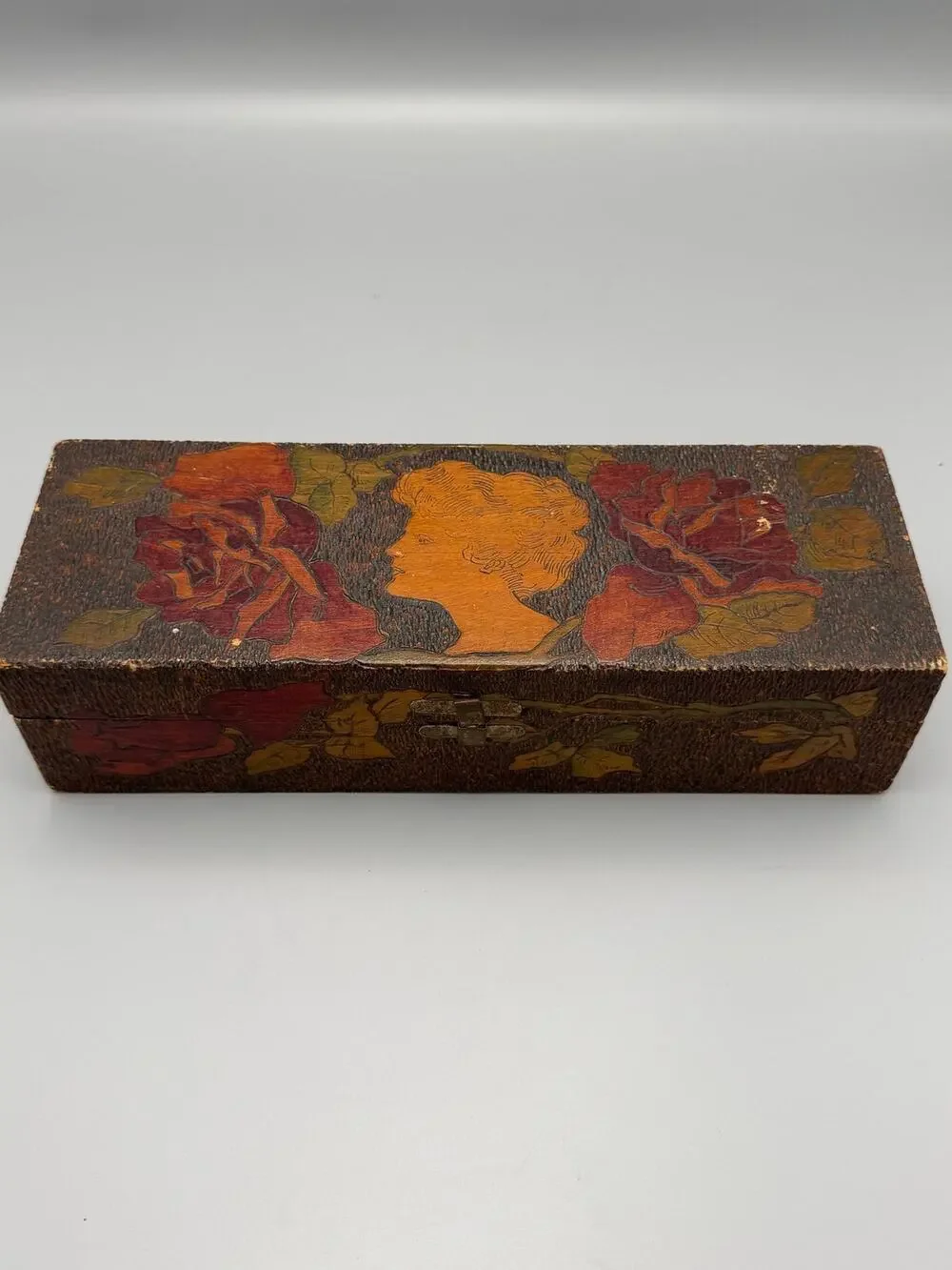 Vintage Pyrography Wood Box Art Nouveau Lady Portrait Floral Glove/Trinket Box